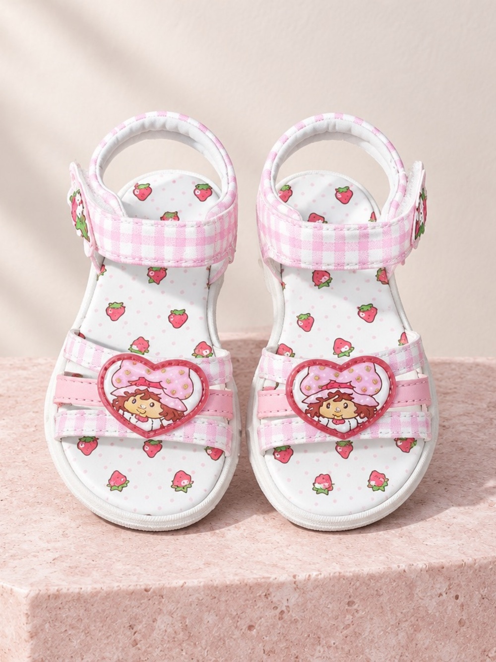 Girls' Pink Strawberry Character Sandals with Heart Accent